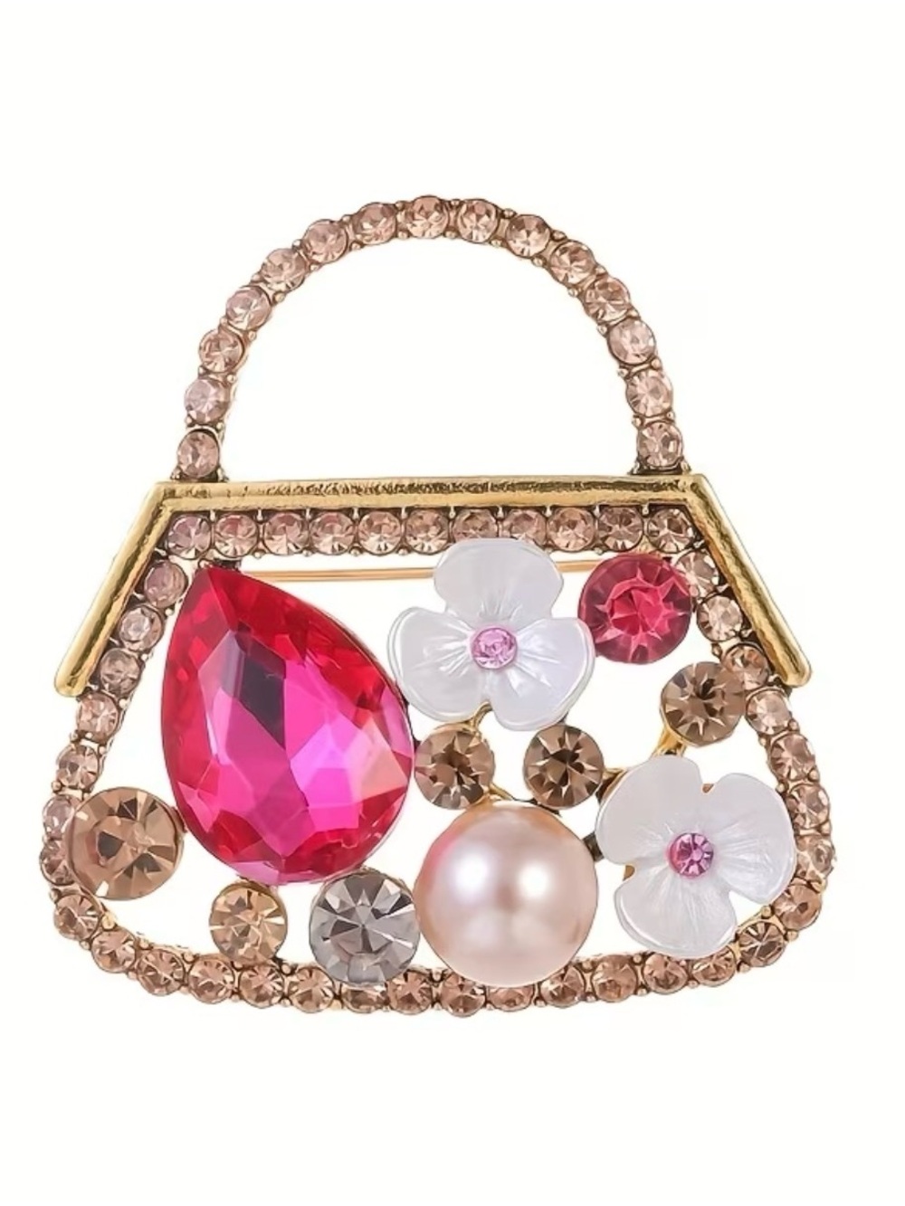 gold-toned retro handbag brooch rhinestones artificial pearls floral Womenβs Jew